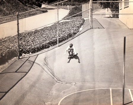 Terry Keller skateboarding at Kenter Elementary, 1964, Palisades Skateboard Team