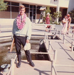 Tim Keller, Palisades Skateboard Team, at Honolulu airport, August 1965