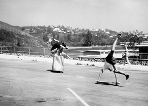 Skateboard contest 1966, Palisades HS, Tim Keller on trash can