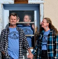 Tim Keller & Peter Burg in Palisades Skateboard Team t-shirts, Raton NM 2014