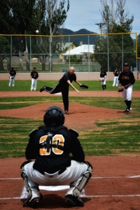 Butch McGowen throws first pitch at Raton Osos game, 2014