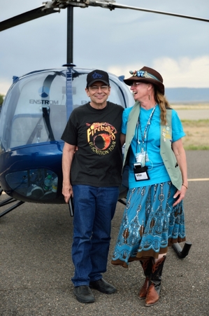 KRTN's Billy D and Christina Boyce, Raton's tourism coordinator, 2014 with helicopter
