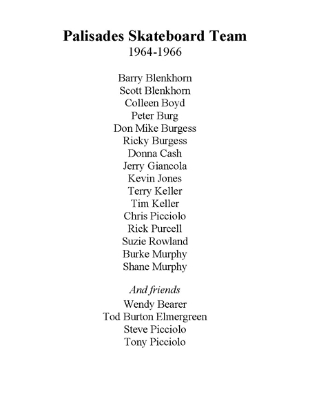 Palisades Skateboard Team Roster 1964-1966