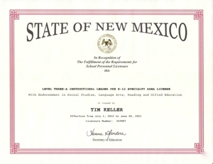 Tim Keller's New Mexico teaching license