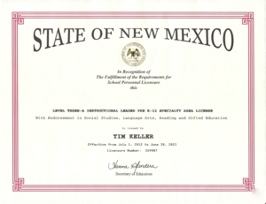 Tim Keller's New Mexico teaching license
