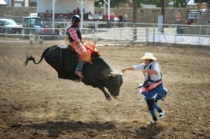 Jeremy Hanson rides a bull into bullfighter Ty Pellam, 105th Trinidad Round-up Rodeo