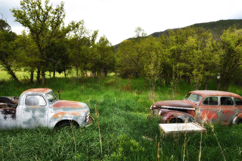 Studebaker pickup truck and Chevrolet out to pasture in Yankee Canyon NM