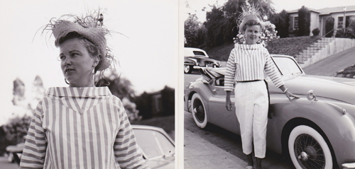 Joan Day Keller in luau mode with husband Jack Keller's Jaguar XK 120, Palmera Avenue, Pacific Palisades CA, late 1950s