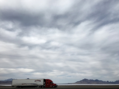 Bonneville Salt Flats, truck on Utah highway 80