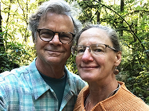 Tim Keller and Christina Boyce in the redwoods at Stout Grove, 2018