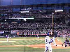 Dodgers vs. Rockies at Coors Field, Justin Turner swinging, Manny Machado on deck, Sept 2018