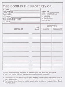 Book plate: Public schools book property log inside cover of textbooks Book plate: Public schools book property log inside cover of textbooks