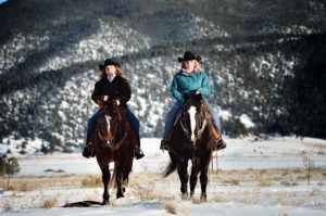 Janna Mills and Ashlee Rose Mills horseback at home in Eagle Nest, January 2016