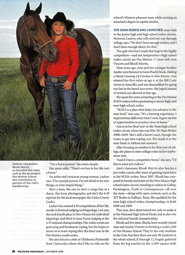 Rhodi Martin, Growing Up Rodeo, Western Horseman, October 2009, SGHA youth rodeo